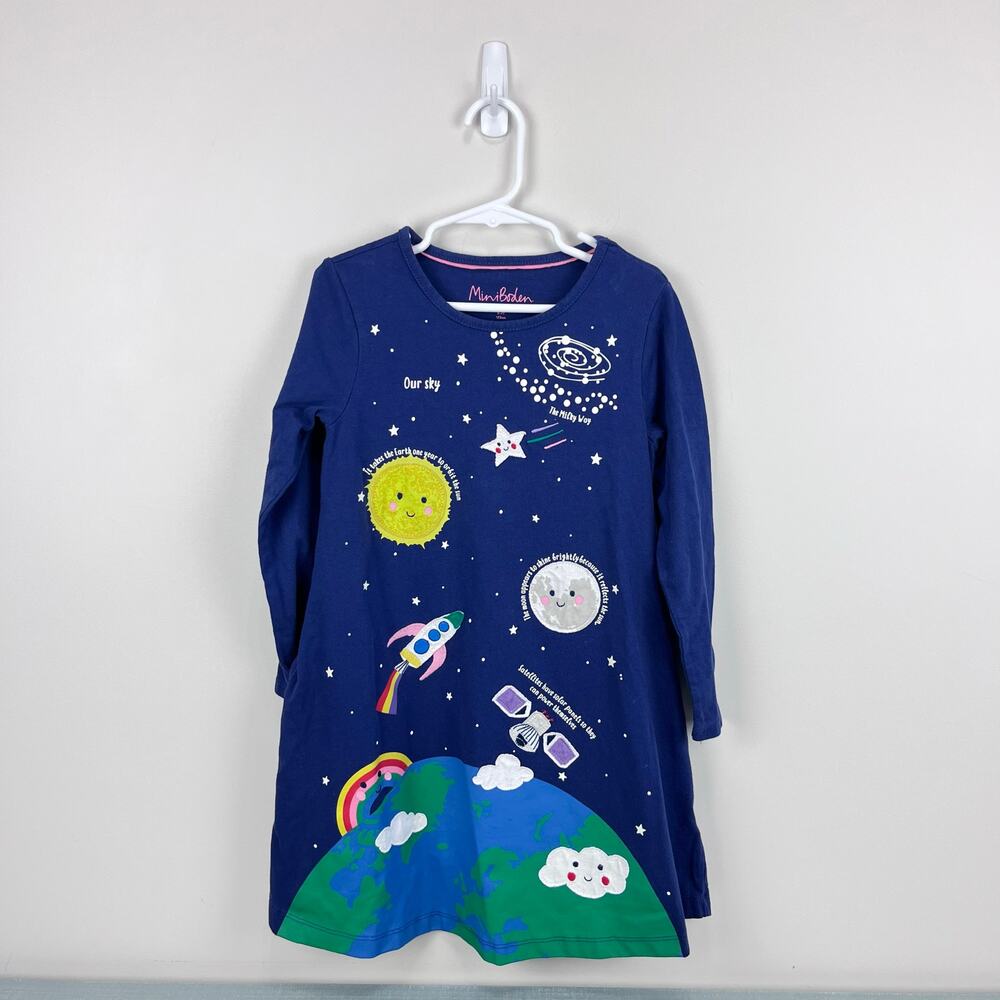Mini Boden Space Big Applique Dress Starboard Blue 6-7